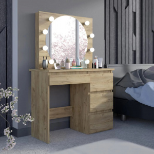 Masuta machiaj cu Oglinda LED si 4 Sertare pentru Cosmetice, Set Masa toaleta 94 cm, Stejar, masuta cosmetica, vanity - SEM524 - Img 6