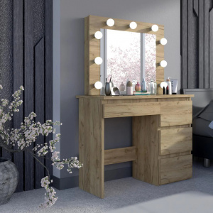 Masuta machiaj cu Oglinda LED si 4 Sertare pentru Cosmetice, Set Masa toaleta 94 cm, Stejar, masuta cosmetica, vanity - SEM526
