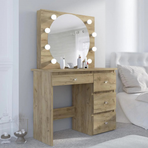 Masuta machiaj cu Oglinda LED si 4 Sertare pentru Cosmetice, Set Masa toaleta 94 cm, Stejar, masuta cosmetica, vanity - SEM528