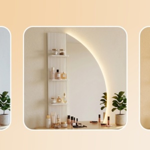 Masuta machiaj cu Oglinda LED si 4 Sertare pentru Cosmetice, Set Masa toaleta 106 cm, Alb - Maro, masuta cosmetica, vanity cu Riflaj si Rafturi - SEM247 - Img 12