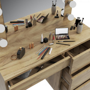 Masuta machiaj cu Oglinda LED si 4 Sertare pentru Cosmetice, Stejar, masuta cosmetica, vanity - SEM502 - Img 5