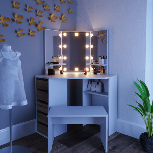 Masuta machiaj cu Oglinda LED si 5 Sertare pentru Cosmetice, Alb, masuta cosmetica, vanity - SEA274 - Img 4