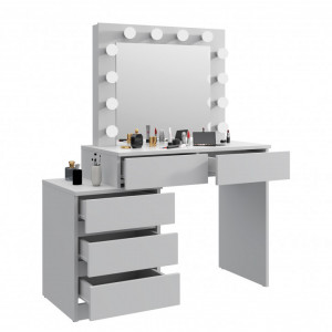 Masuta machiaj cu Oglinda LED si 5 Sertare pentru Cosmetice, Set Masa toaleta 112 cm, Alb, masuta cosmetica, vanity - SEA539 - Img 5