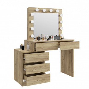 Masuta machiaj cu Oglinda LED si 5 Sertare pentru Cosmetice, Set Masa toaleta 112 cm, Stejar, masuta cosmetica, vanity - SEM510 - Img 4