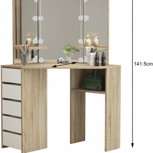 Masuta machiaj cu Oglinda LED si 5 Sertare pentru Cosmetice, Set Masa toaleta 110 cm, Alb, masuta cosmetica, vanity - SEM14 - Img 3