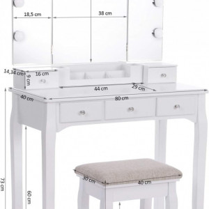 Masuta machiaj cu Oglinda LED si 5 Sertare pentru Cosmetice, Set Masa toaleta 80 cm, Alb, masuta cosmetica, vanity - SEA92 - Img 2