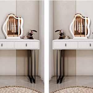 Masuta machiaj cu Oglinda LED si 5 Sertare pentru Cosmetice, Set Masa toaleta 140 cm, Alb, masuta cosmetica, vanity - SEA94 - Img 2