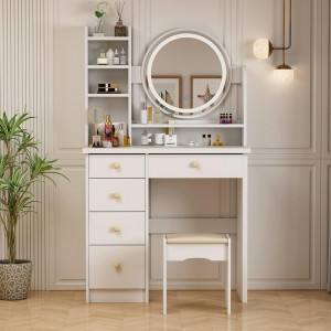 Masuta machiaj cu Oglinda LED si 5 Sertare pentru Cosmetice, Set Masa toaleta 80 cm, Alb, masuta cosmetica, vanity - SEA452
