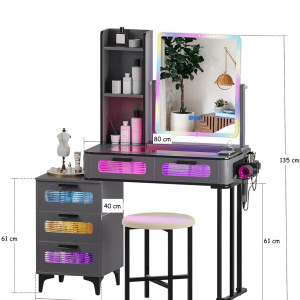 Masuta machiaj cu Oglinda LED si 5 Sertare pentru Cosmetice, Set Masa toaleta 80 cm, Negru, masuta cosmetica, vanity - SEG218 - Img 3
