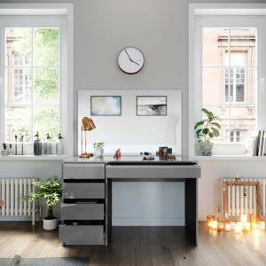 Masuta machiaj cu Oglinda LED si 5 Sertare pentru Cosmetice, Set Masa toaleta 120 cm, Gri, masuta cosmetica, vanity - SEG219 - Img 5