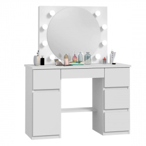 Masuta machiaj cu Oglinda LED si 5 Sertare pentru Cosmetice, Set Masa toaleta 120 cm, Alb, masuta cosmetica, vanity - SEA545 - Img 6