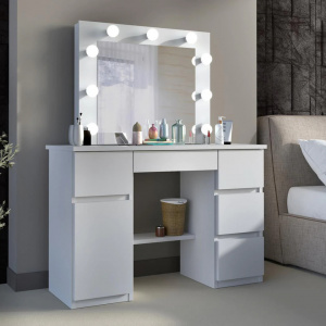 Masuta machiaj cu Oglinda LED si 5 Sertare pentru Cosmetice, Set Masa toaleta 120 cm, Alb, masuta cosmetica, vanity - SEA546 - Img 7