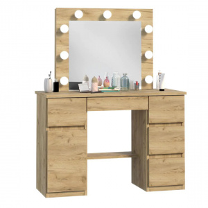 Masuta machiaj cu Oglinda LED si 5 Sertare pentru Cosmetice, Set Masa toaleta 120 cm, Stejar, masuta cosmetica, vanity - SEM522 - Img 4