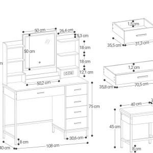 Masuta machiaj cu Oglinda LED si 5 Sertare pentru Cosmetice, Set Masa toaleta 108 cm, Alb, masuta cosmetica, vanity - SEA483 - Img 6