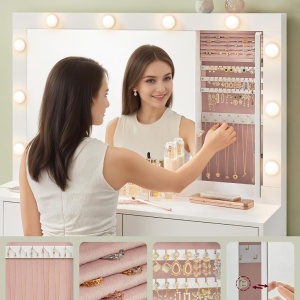 Masuta machiaj cu Oglinda LED si 5 Sertare pentru Cosmetice, Set Masa toaleta 125 cm, Alb, masuta cosmetica, vanity - SEA803 - Img 4