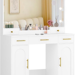 Masuta machiaj cu Oglinda LED si 5 Sertare pentru Cosmetice, Set Masa toaleta 108 cm, Alb, masuta cosmetica, vanity - SEA911 - Img 7
