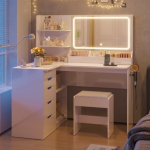 Masuta machiaj cu Oglinda LED si 5 Sertare pentru Cosmetice, Set Masa toaleta 120 cm, Alb, masuta cosmetica, vanity - SEA496 - Img 7
