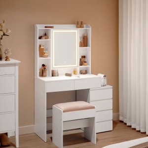Masuta machiaj cu Oglinda LED si 6 Sertare pentru Cosmetice, Set Masa toaleta 118 cm, Alb, masuta cosmetica, vanity - SEA95 - Img 5