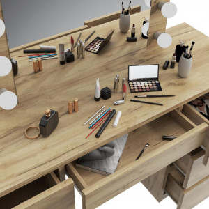 Masuta machiaj cu Oglinda LED si 7 Sertare pentru Cosmetice, Set Masa toaleta 120 cm, Stejar, masuta cosmetica, vanity - SEM508 - Img 3