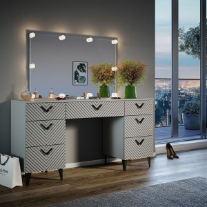 Masuta machiaj cu Oglinda LED si 7 Sertare pentru Cosmetice, Set Masa toaleta 150 cm, Gri, masuta cosmetica, vanity - SEG213 - Img 2