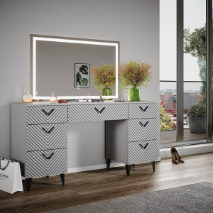 Masuta machiaj cu Oglinda LED si 7 Sertare pentru Cosmetice, Set Masa toaleta 150 cm, Gri, masuta cosmetica, vanity - SEG214