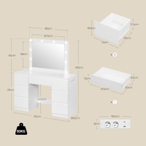 Masuta machiaj cu Oglinda LED si 7 Sertare pentru Cosmetice, Set Masa toaleta 110 cm, Alb, masuta cosmetica, vanity - SEA907 - Img 2