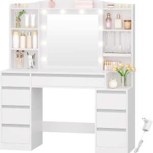 Masuta machiaj cu Oglinda LED si 8 Sertare pentru Cosmetice, Set Masa toaleta 120 cm, Alb, masuta cosmetica, vanity - SEA6 - Img 2