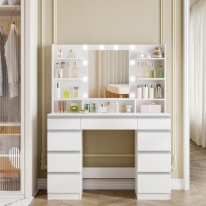 Masuta machiaj cu Oglinda LED si 9 Sertare pentru Cosmetice, Set Masa toaleta 109 cm, Alb, masuta cosmetica, vanity - SEA821 - Img 5
