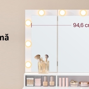 Masuta machiaj cu Oglinda LED si 9 Sertare pentru Cosmetice, Set Masa toaleta 107 cm, Alb, masuta cosmetica, vanity - SEA11 - Img 8