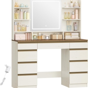Masuta machiaj cu Oglinda LED si 9 Sertare pentru Cosmetice, Set Masa toaleta 109 cm, Alb, masuta cosmetica, vanity - SEA18 - Img 3