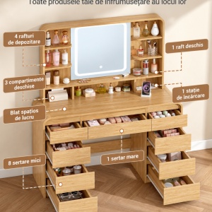 Masuta machiaj cu Oglinda LED si 9 Sertare pentru Cosmetice, Set Masa toaleta 108 cm, cu Priza si USB, masuta cosmetica Maro, vanity cu Rafturi - SEM1 - Img 9