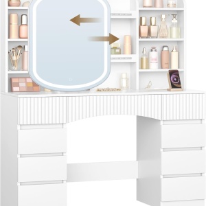 Masuta machiaj cu Oglinda LED si 9 Sertare si Rafturi pentru Cosmetice, Set Masa toaleta 108 cm, Alb, masuta cosmetica cu Priza si USB, vanity cu Dulapior - SEA17 - Img 3