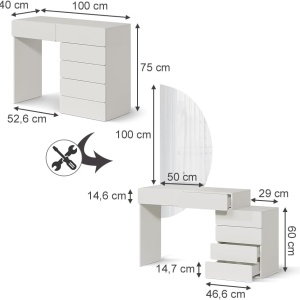 Masuta machiaj cu Oglinda Semiluna LED si 6 Sertare pentru Cosmetice, Set Masa toaleta 100 cm, Alba, masuta vanity, cosmetica - SEA837 - Img 7