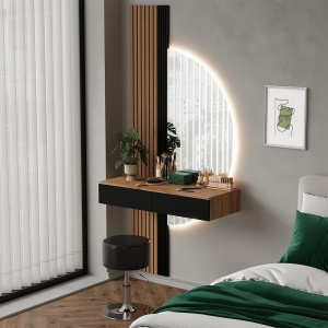 Masuta machiaj neagra cu Oglinda LED si 2 Sertare pentru Cosmetice, Set Masa toaleta 100 cm, masuta cosmetica cu Riflaj, vanity - SEM23 - Img 2