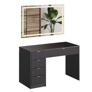 Masuta machiaj neagra cu Oglinda LED si 5 Sertare pentru Cosmetice, Set Masa toaleta 120 cm, masuta vanity cu Riflaj, cosmetica- SEN250 - Img 7