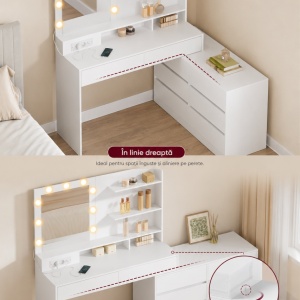 Masuta machiaj pentru Colt cu Oglinda LED si 8 Sertare pentru Cosmetice, Set Masa toaleta Alba, masuta cosmetica, vanity cu Priza si USB - SEA16 - Img 9