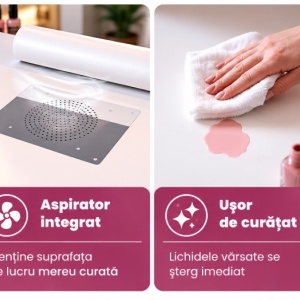 Masuta manichiura Alba,108 cm, birou, masa cosmetica pentru salon cu Aspirator Incorporat, Pernita si LED - MANIA213 - Img 9