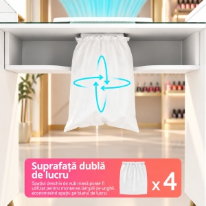 Masuta manichiura Alba / Roz / Neagra, 122 cm, birou cu Blat din Sticla, masa cosmetica pentru salon cu Aspirator Incorporat, Pernita si Vitrina din Sticla - MANIA214 - Img 5