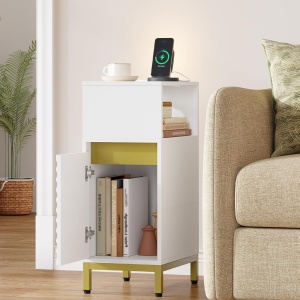 NOA2 - Set 2 Noptiere, 24 cm, foarte inguste, LED, USB si USB-C, Riflaje dormitor - Alb - Auriu - Img 12