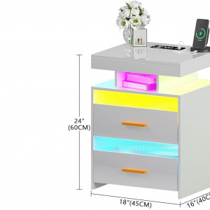 NOA237 - Set 2x Noptiere Alb Lucios, 45 cm, cu 2 sertare si raft, cu LED, USB, Incarcare Wireless, pentru dormitor - Alb-Auriu - Img 6