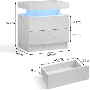 NOA241 - Set 2x Noptiere 49 cm, cu 2 sertare si LED, pentru dormitor - Alb imitatie Marmura - Img 4