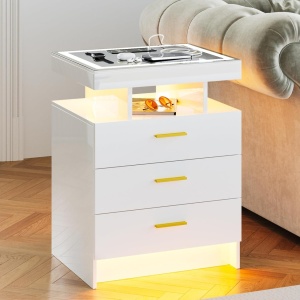 NOA245 - Set 2x Noptiere 45 cm, cu 3 sertare, LED, incarcator Wireless, Senzor Proximitate, USB Type-C, pentru dormitor - Alb/Negru - Auriu - Img 3