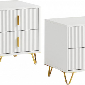 NOA29 - Set 2x Noptiere albe 40x40x47 cm, riflaje, cu sau fara Priza, cu 2 sertare, dormitor - Alb-Auriu - Img 8
