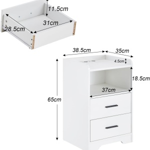 NOA65 - Set 2x Noptiere albe 38 cm, cu 2 sertare, cu LED, Priza si Port USB - Alb-Negru - Img 3