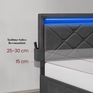 PAG2 - Pat tapitat, 140 sau 160 x 200 cm, cu 4 Sertare, LED, USB si USB-C, Organizatoare Carti - Gri - Img 6