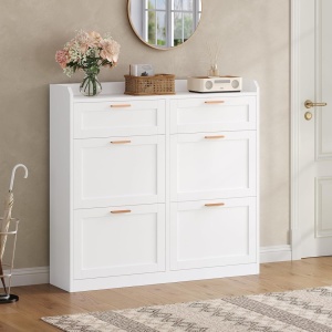 PANA204 - Pantofar 100 cm ingust, 4 compartimente si 2 sertare, pantofare, depozitare pantofi, mobilier hol - Alb