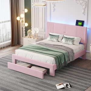 PARC205 - Pat tapitat cu LED si USB, 140 / 160 x 200 cm, cu Sertar - Gri - Img 4