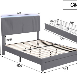 PARC205 - Pat tapitat cu LED si USB, 140 / 160 x 200 cm, cu Sertar - Gri - Img 10