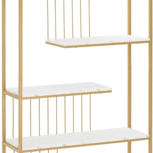 RAAU211 - Raft manichira, 100 cm pentru salon cosmetica, birou, hol, living, baie - Alb imitatie de marmura - Auriu - Img 6