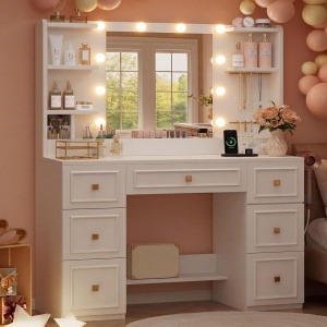 SEA203 - Masuta machiaj cu Oglinda LED, 6 Sertare pentru Cosmetice, Set Masa toaleta 108 cm, Alb, masuta cosmetica, vanity cu Priza si USB, Spuport Uscator Par - SEA203